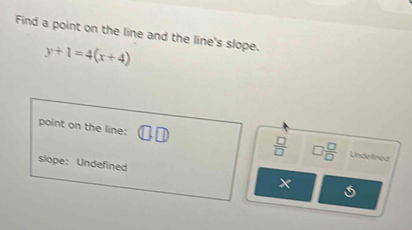 Find a point on the line and the line's slope.
y+1=4(x+4)
point on the line: Undefined 
 □ /□   □  □ /□  
slope: Undefined