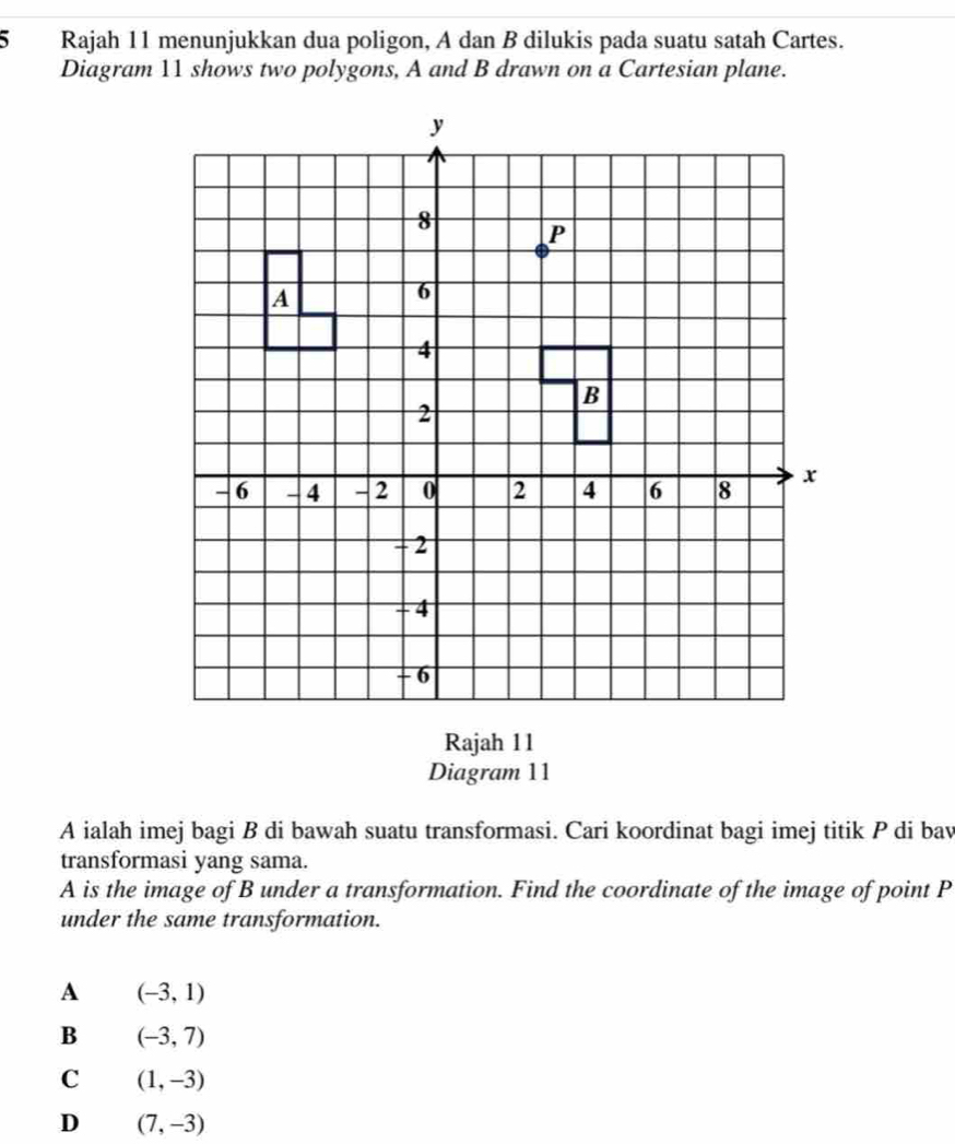 Rajah 11 menunjukkan dua poligon, A dan B dilukis pada suatu satah Cartes.
Diagram 11 shows two polygons, A and B drawn on a Cartesian plane.
y
8 P
A
6
4
B
2
- 6 - 4 - 2 0 2 4 6 8 x
- 2
- 4
- 6
Rajah 11
Diagram 11
A ialah imej bagi B di bawah suatu transformasi. Cari koordinat bagi imej titik P di bav
transformasi yang sama.
A is the image of B under a transformation. Find the coordinate of the image of point P
under the same transformation.
A (-3,1)
B (-3,7)
C (1,-3)
D (7,-3)