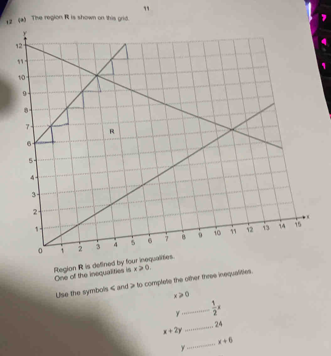 " 
12 (a) The region R is shown on this grid. 
Region R is defined by four inequalities. 
One of the inequalities is x≥slant 0. 
Use the symbols ≤ and to complete the other three inequalities.
x≥slant 0
y _  1/2 x
x+2y
_ 24
_ x+6
y