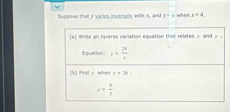 Suppose that y varies inversely with x, and y=6 when x=4.