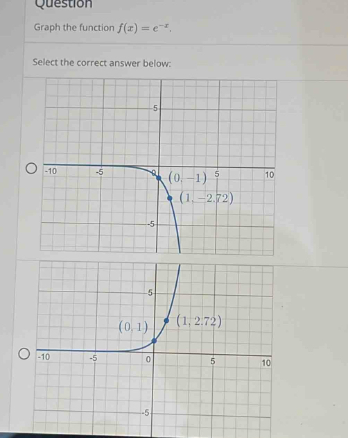 Question
Graph the function f(x)=e^(-x).
Select the correct answer below: