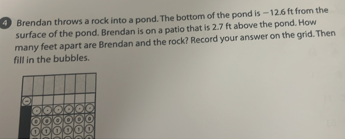 Brendan throws a rock into a pond. The bottom of the pond is −12.6 ft from the 
surface of the pond. Brendan is on a patio that is 2.7 ft above the pond. How 
many feet apart are Brendan and the rock? Record your answer on the grid. Then 
fill in the bubbles. 
o 0 。 0 0 o
1 1 1 1 1