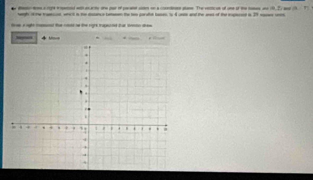 Weese dres a light trepeteid with ecactly one pair of paralist sides on a coordinate plase. The vettices of one of the basses are (0,2) and 1/3. ∴ 5) 
wegh of the traseseed, which is the distance betmen the two parallel bases, is 4 unas and the arsa of the trapiszed is 25 vaue unts, 
tewn a night maneand thit could be the rigre trapestod that Wrestin drew 
Sógmara Marn * 
4