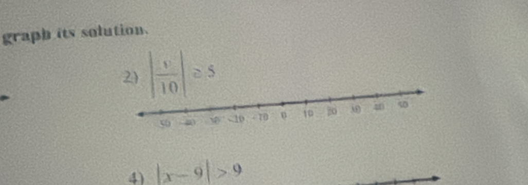 graph its solution. 
2) | v/10 |≥ 5
4) |x-9|>9