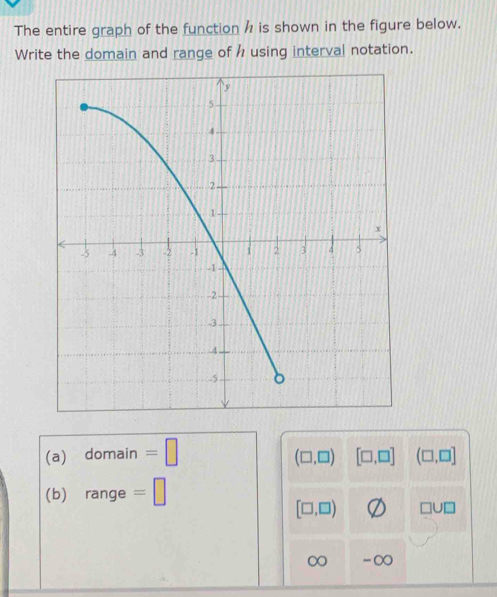 The entire graph of the function h is shown in the figure below. 
Write the domain and range of h using interval notation. 
(a) domain =□ [□ ,□ ] (□ ,□ ]
(□ ,□ )
(b) range =□
[□ ,□ ) □ U□
∞ -∞