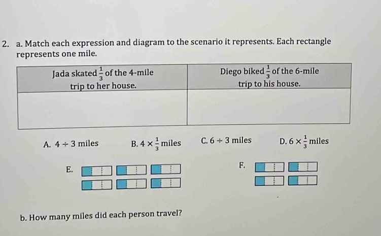 Match each expression and diagram to the scenario it represents. Each rectangle
represents one mile.
A. 4/ 3 miles B. 4*  1/3 miles C. 6/ 3 miles D. 6*  1/3  r niles
E.
F.
b. How many miles did each person travel?