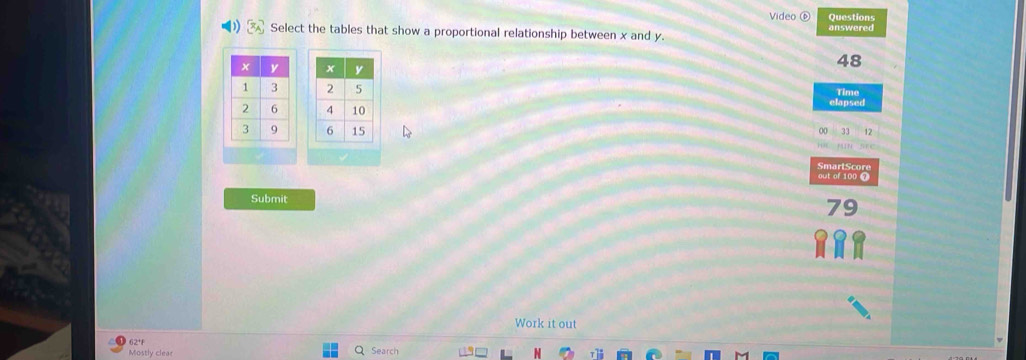 Video ( Questions 
Select the tables that show a proportional relationship between x and y. answered

48
Time 
elapsed

33 12
SmartScore 
out of 100 7
Submit
79
Work it out
62 * 
Mostly clear Search N