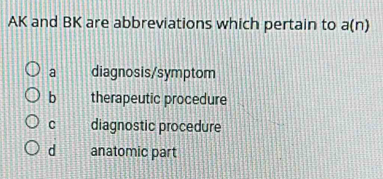 AK and BK are abbreviations which pertain to a(n)
a diagnosis/symptom
b therapeutic procedure
C diagnostic procedure
d anatomic part