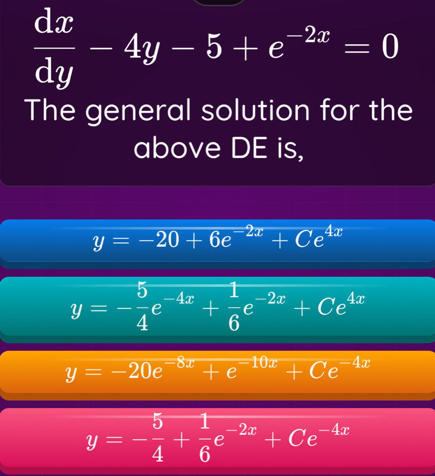  dx/dy -4y-5+e^(-2x)=0
The general solution for the
above DE is,
y=-20+6e^(-2x)+Ce^(4x)
y=- 5/4 e^(-4x)+ 1/6 e^(-2x)+Ce^(4x)
y=-20e^(-8x)+e^(-10x)+Ce^(-4x)
y=- 5/4 + 1/6 e^(-2x)+Ce^(-4x) frac □ 