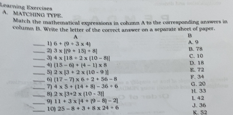 Solved: Learning Exercises A. MATCHING TYPE. Match the mathematical ...