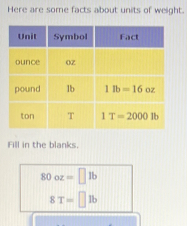 Here are some facts about units of weight.
Fill in the blanks.
80oz=□ 1b
8T=□ lb