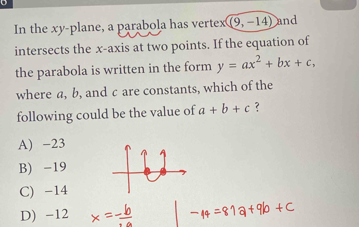 In the xy -plane, a parabola has vertex (9,-14) and
intersects the x-axis at two points. If the equation of
the parabola is written in the form y=ax^2+bx+c, 
where a, b, and c are constants, which of the
following could be the value of a+b+c ?
A) -23
B) -19
C) -14
D) -12