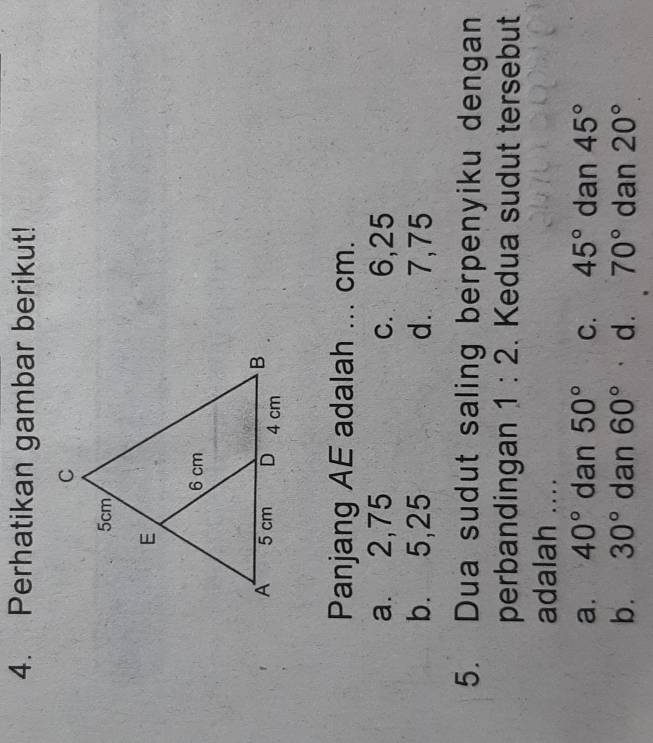 Perhatikan gambar berikut!
Panjang AE adalah ... cm.
a. 2,75 c. 6, 25
b. 5, 25 d. 7, 75
5. Dua sudut saling berpenyiku dengan
perbandingan 1:2. Kedua sudut tersebut
adalah ....
a. 40° dan 50° C. 45° dan 45°
b. 30° dan 60° d. 70° dan 20°