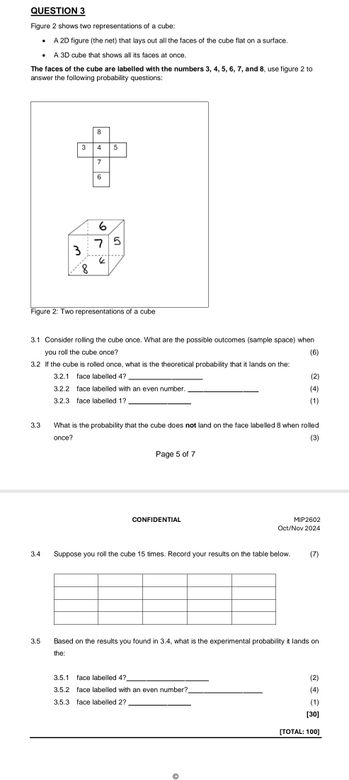 Fiqure 2 shows two representations of a cube: 
A 2D figure (the net) that lays out all the faces of the cube flat on a surface. 
A 3D cube that shows all its faces at once. 
The faces of the cube are labelled with the numbers 3, 4, 5, 6, 7, and 8, use figure 2 to 
answer the following probability questions:
6
3 7 5
C 
8 
Figure 2: Two representations of a cube 
3.1 Consider rolling the cube once. What are the possible outcomes (sample space) when 
you roll the cube once? (6) 
3.2 If the cube is rolled once, what is the theoretical probability that it lands on the: 
3.2. 1 face labelled 4? (2) 
3.2. 2 face labelled with an even number._ 
(4) 
3.2. 3 face labelled 1? _(1) 
3.3 What is the probability that the cube does not land on the face labelled 8 when rolled 
once? (3) 
Page 5 of 7 
CONFIDENTIAL MIP2602 
Oct/Nov 2024 
3.4 Suppose you roll the cube 15 times. Record your results on the table below. (7) 
3.5 Based on the results you found in 3.4, what is the experimental probability it lands on 
the: 
3.5. 1 face labelled 4
3.5. 2 face labelled with an even number?_ (4) (2) 
3.5. 3 face labelled 2? _(1) 
[30] 
[TOTAL: 100]