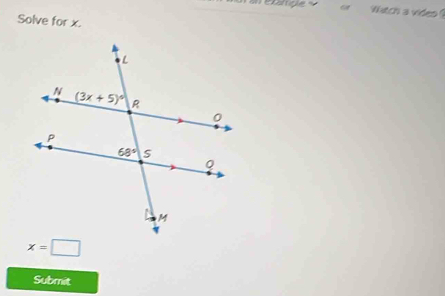 an éxatiple  « watch a video ?
Solve for x.
x=□
Submit