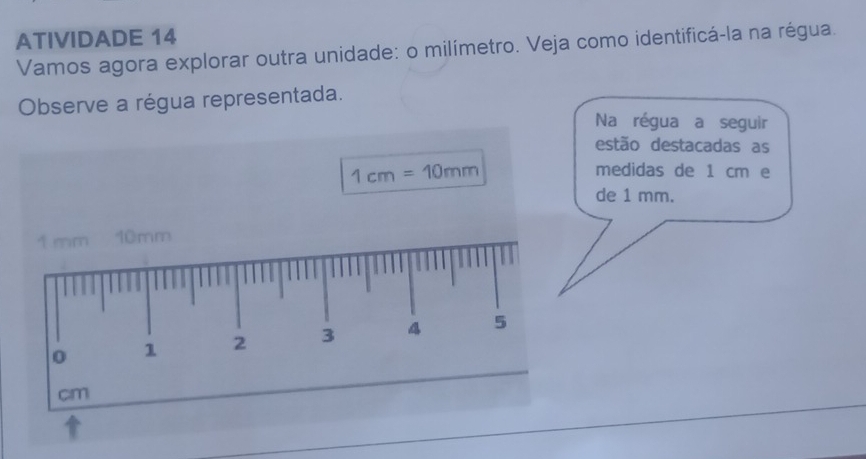 ATIVIDADE 14 
Vamos agora explorar outra unidade: o milímetro. Veja como identificá-la na régua. 
Observe a régua representada. 
Na régua a seguir 
estão destacadas as
1cm=10mm
medidas de 1 cm e 
de 1 mm.
1 mm 10mm
0 1 2 3 4 5
cm