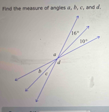 Find the measure of angles a, b, c, and d.