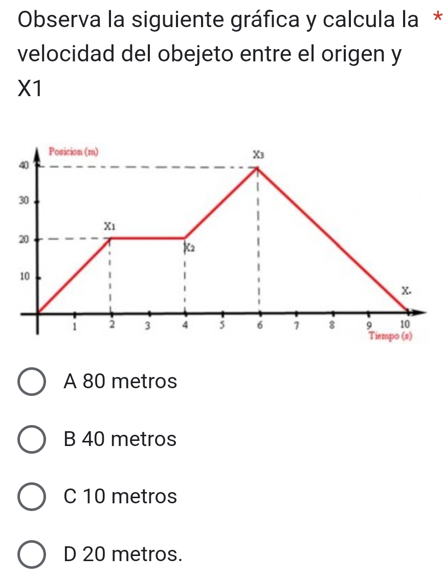 Observa la siguiente gráfica y calcula la *
velocidad del obejeto entre el origen y
x 1
Posicion (m) X3
40
30
X_1
20
2
10
x.
1 2 3 4 5 6 1 8 9 10
Tiempo (s)
A 80 metros
B 40 metros
C 10 metros
D 20 metros.