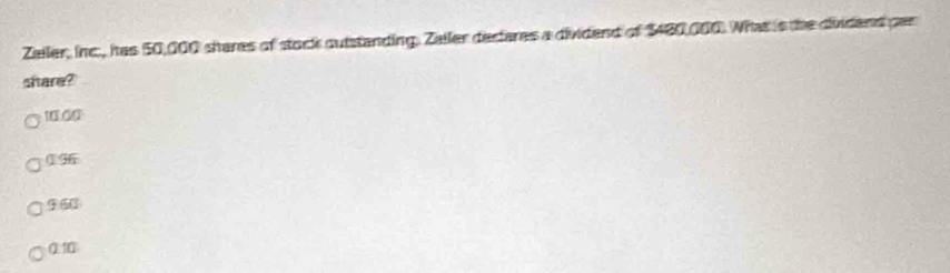 Zailer, inc., has 50,000 sheres of stock outstanding. Zailer dectares a dividend of $480,000. What is the dividend par
share?
10
960
01