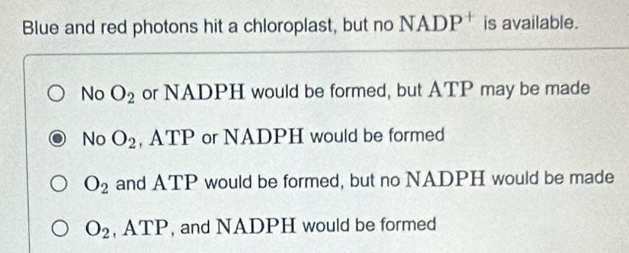 Blue and red photons hit a chloroplast, but no NADP^+ is available.
No O_2 or NADPH would be formed, but ATP may be made
No O_2 , ATP or NADPH would be formed
O_2 and ATP would be formed, but no NADPH would be made
O_2, ATP , and NADPH would be formed