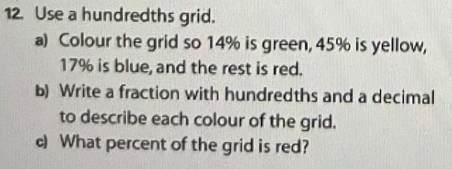 Use a hundredths grid. 
a) Colour the grid so 14% is green, 45% is yellow,
17% is blue, and the rest is red. 
b) Write a fraction with hundredths and a decimal 
to describe each colour of the grid. 
c) What percent of the grid is red?