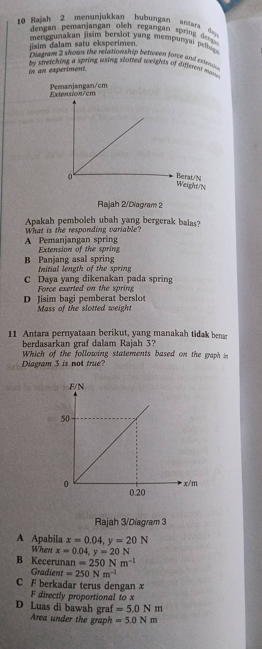 Rajah 2 menunjukkan hubungan antara day
dengan pemanjangan oleh regangan spring dengan
menggunakan jisim berslot yang mempunyai pelbagai
jisim dalam satu eksperimen.
Diagram 2 shows the relationship between force and extension
by stretching a spring using slotted weights of different masses .
in an experiment.
Pemanjangan/ cm
Extension/ cm
Rajah 2/Diagram 2
Apakah pemboleh ubah yang bergerak balas?
What is the responding variable?
A Pemanjangan spring
Extension of the spring
B Panjang asal spring
Initial length of the spring
C Daya yang dikenakan pada spring
Force exerted on the spring
D Jisim bagi pemberat berslot
Mass of the slotted weight
11 Antara pernyataan berikut, yang manakah tidak benar
berdasarkan graf dalam Rajah 3?
Which of the following statements based on the graph in
Diagram 3 is not true?
Rajah 3/Diagram 3
A Apabila x=0.04, y=20N
When x=0.04, y=20N
B Kecerun an=250Nm^(-1)
Gradient =250Nm^(-1)
C F berkadar terus dengan x
F directly proportional to x
D Luas di bawah graf =5.0Nm
Area under the graph =5.0Nm