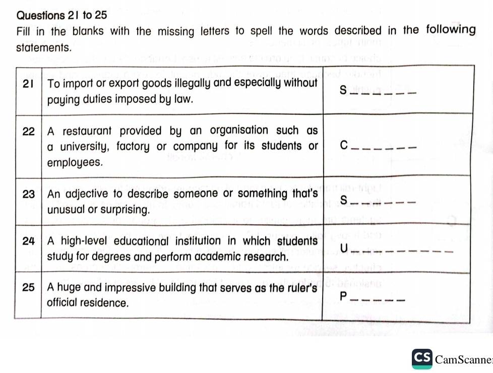 to 25 
Fill in the blanks with the missing letters to spell the words described in the following 
statements. 
Cs CamScanne