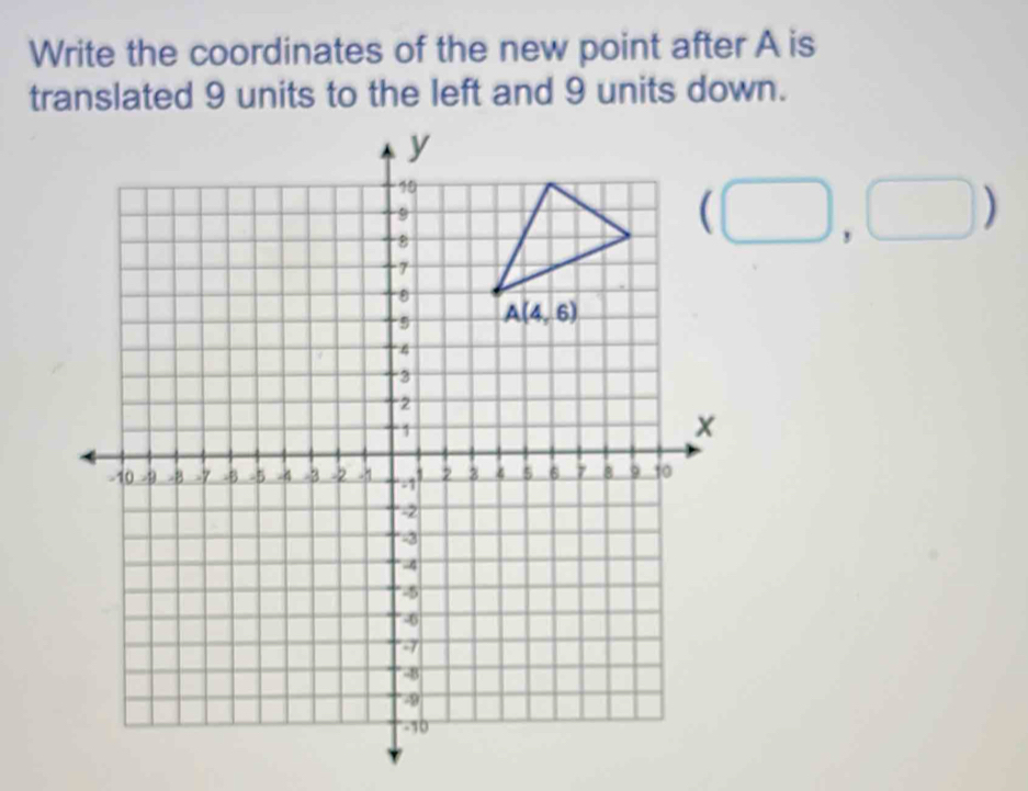 Write the coordinates of the new point after A is
translated 9 units to the left and 9 units down.
(□ ,□ )