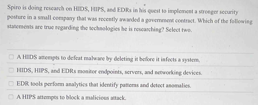 Solved: Spiro is doing research on HIDS, HIPS, and EDRs in his quest to ...