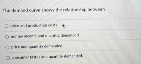 The demand curve shows the relationship between
price and production costs.
money income and quantity demanded.
price and quantity demanded.
consumer tastes and quantity demanded.