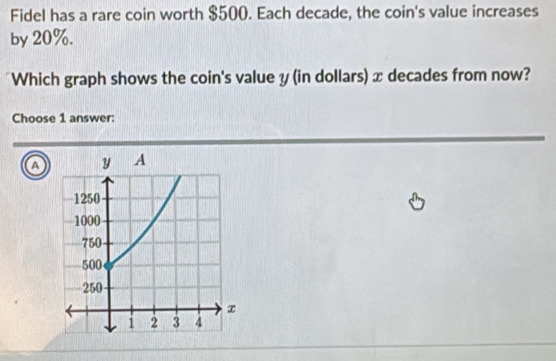 Fidel has a rare coin worth $500. Each decade, the coin's value increases
by 20%.
Which graph shows the coin's value y (in dollars) x decades from now?
Choose 1 answer:
a