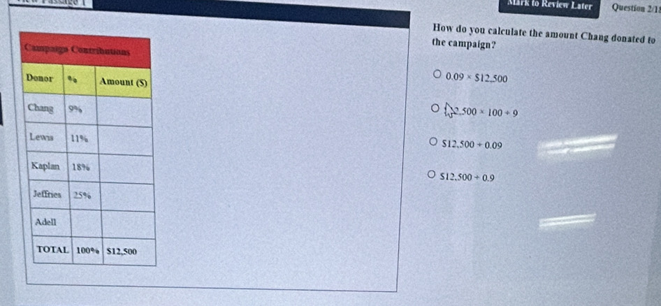 Mark to Review Later Question 2/1
How do you calculate the amount Chang donated to
the campaign?
0.09* $12.500
2,500* 100/ 9
$12,500+0.09
S12.500+0.9