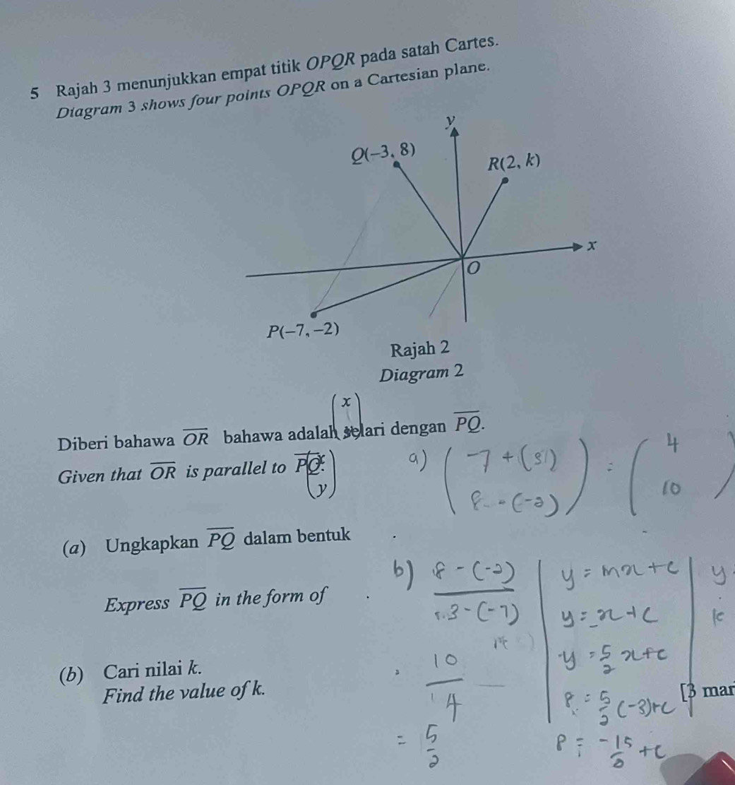 Rajah 3 menunjukkan empat titik OPQR pada satah Cartes.
Diagram 3 shows four points OPQR on a Cartesian plane.
Rajah 2
Diagram 2
Diberi bahawa overline OR bahawa adalah selari dengan overline PQ.
Given that overline OR is parallel to vector P(overline C.)
(a) Ungkapkan overline PQ dalam bentuk
Express overline PQ in the form of
(b) Cari nilai k.
Find the value of k. [3 mar