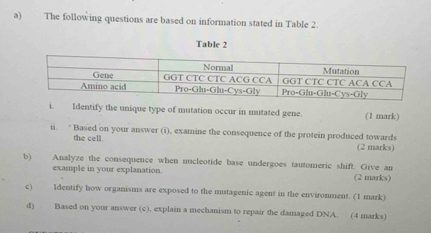 The following questions are based on information stated in Table 2. 
Table 2 
i. Identify the unique type of mutation occur in mutated gene. (1 mark) 
ii. “ Based on your answer (i), examine the consequence of the protein produced towards 
the cell. (2 marks) 
b) Analyze the consequence when nucleotide base undergoes tautomeric shift. Give an 
example in your explanation. (2 marks) 
c) Identify how organisms are exposed to the mutagenic agent in the environment. (1 mark) 
d) Based on your answer (c), explain a mechanism to repair the damaged DNA. (4 marks)