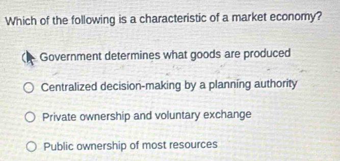 Which of the following is a characteristic of a market economy?
Government determines what goods are produced
Centralized decision-making by a planning authority
Private ownership and voluntary exchange
Public ownership of most resources