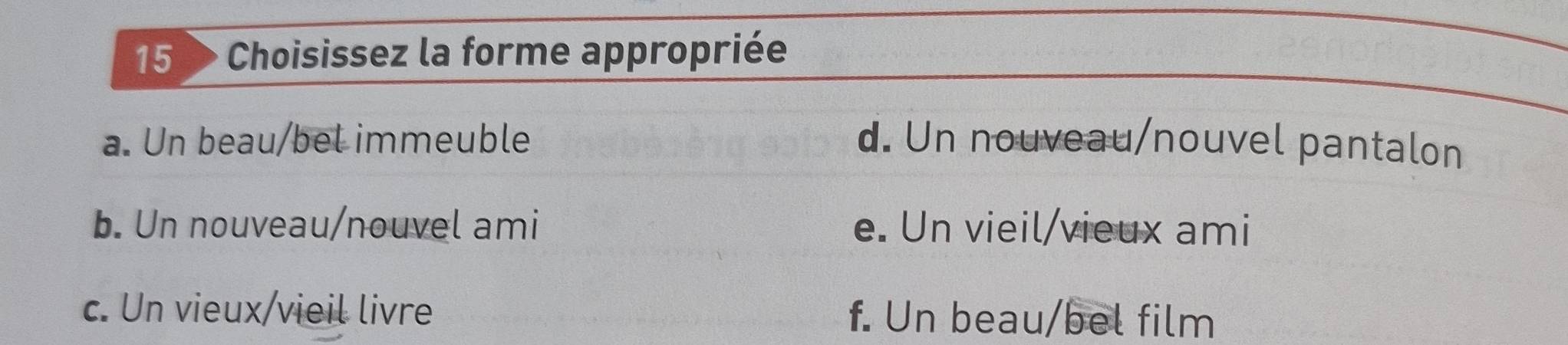 15 » Choisissez la forme appropriée
a. Un beau/bel immeuble d. Un nouveau/nouvel pantalon
b. Un nouveau/nouvel ami e. Un vieil/vieux ami
c. Un vieux/vieil livre f. Un beau/bel film