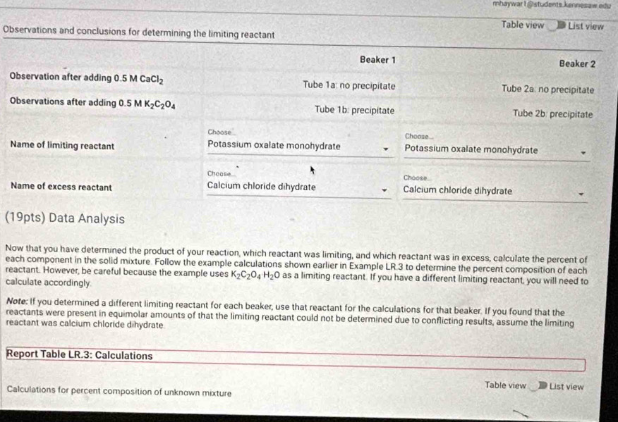 mhaywarI @students.kennesaw edu
Table view List view
Observations and conclusions
(9pts) Data Analysis
Now that you have determined the product of your reaction, which reactant was limiting, and which reactant was in excess, calculate the percent of
each component in the solid mixture. Follow the example calculations shown earlier in Example LR.3 to determine the percent composition of each
reactant. However, be careful because the example uses K_2C_2O_4H_2O as a limiting reactant. If you have a different limiting reactant, you will need to
calculate accordingly.
Note: If you determined a different limiting reactant for each beaker, use that reactant for the calculations for that beaker. If you found that the
reactants were present in equimolar amounts of that the limiting reactant could not be determined due to conflicting results, assume the limiting
reactant was calcium chloride dihydrate
Report Table LR.3: Calculations
Table view List view
Calculations for percent composition of unknown mixture