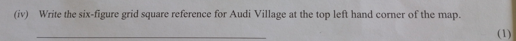 (iv) Write the six-figure grid square reference for Audi Village at the top left hand corner of the map. 
_ 
(1)