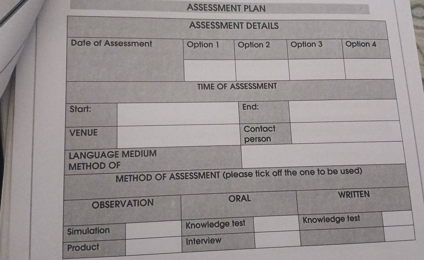 ASSESSMENT PLAN 
Product