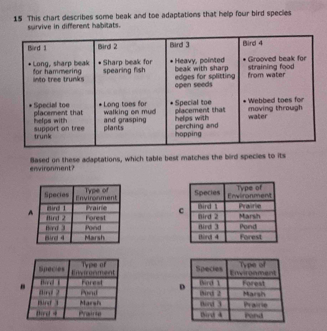 Solved: This chart describes some beak and toe adaptations that help ...