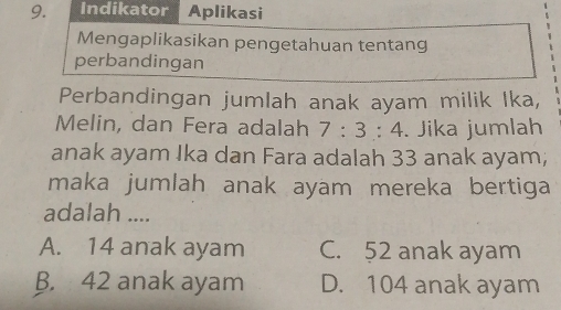 Indikator Aplikasi
Mengaplikasikan pengetahuan tentang
perbandingan
Perbandingan jumlah anak ayam milik Ika,
Melin, dan Fera adalah 7:3:4. Jika jumlah
anak ayam Ika dan Fara adalah 33 anak ayam;
maka jumlah anak ayam mereka bertiga
adalah ....
A. 14 anak ayam C. 52 anak ayam
B. 42 anak ayam D. 104 anak ayam