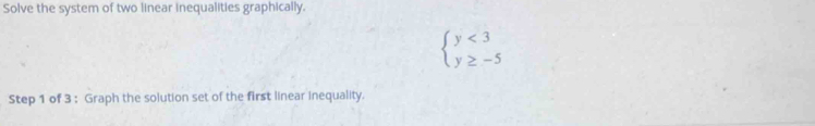 Solve the system of two linear inequalities graphically.
beginarrayl y<3 y≥ -5endarray.
Step 1 of 3 : Graph the solution set of the first linear inequality.