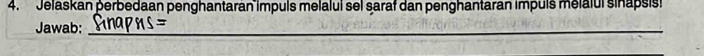 Jelaskan perbedaan penghantaran impuls melalui sel saraf dan penghantaran impuls melalui sinapsist 
Jawab:_