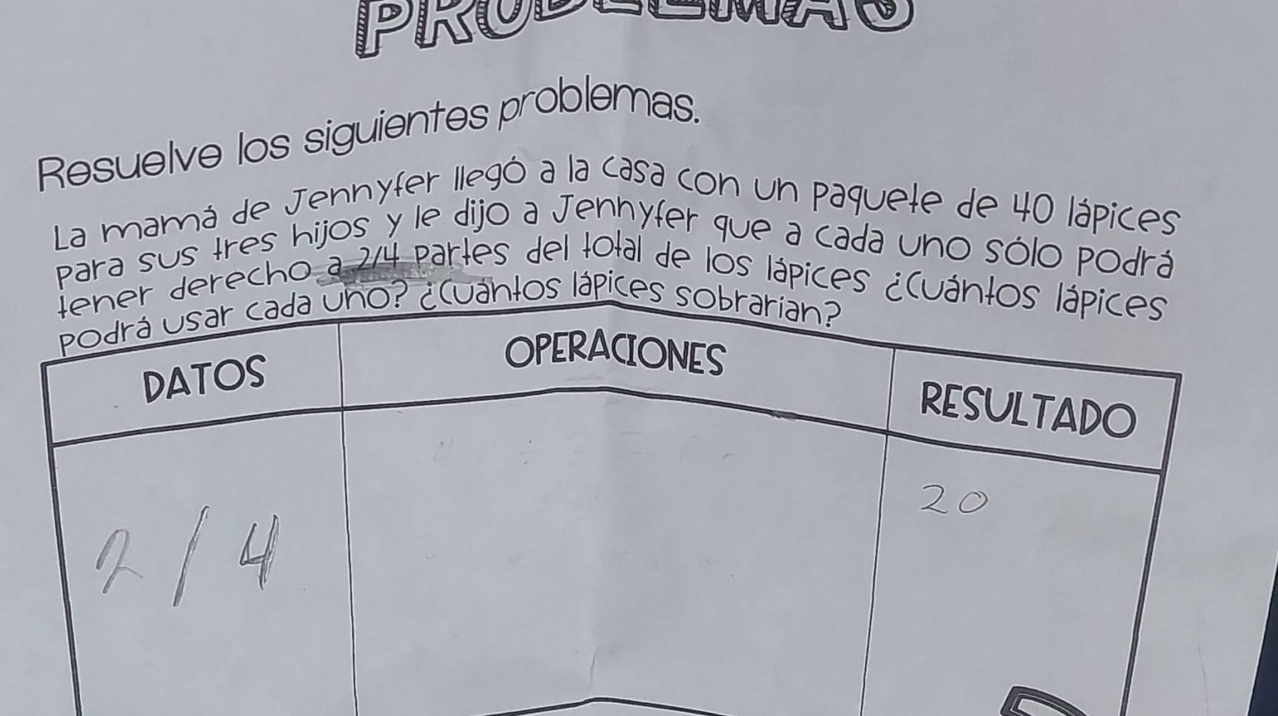 Resuelve los siguientes problemas. 
La mamá de Jennyfer llegó a la casa con un paquete de 40 lápices 
para sus tres hijos y le dijo a Jenhyfer que a cada uno sólo podrá 
erecho a 2/4 partes del total de los lápices ¿C 
áp