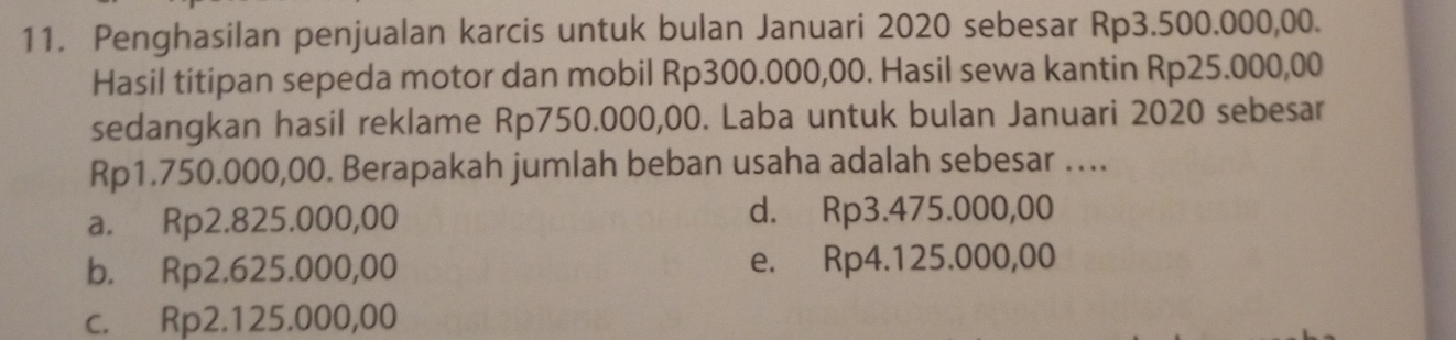 Penghasilan penjualan karcis untuk bulan Januari 2020 sebesar Rp3.500.000,00.
Hasil titipan sepeda motor dan mobil Rp300.000,00. Hasil sewa kantin Rp25.000,00
sedangkan hasil reklame Rp750.000,00. Laba untuk bulan Januari 2020 sebesar
Rp1.750.000,00. Berapakah jumlah beban usaha adalah sebesar ….
a. Rp2.825.000,00 d. Rp3.475.000,00
b. Rp2.625.000,00 e. Rp4.125.000,00
c. Rp2.125.000,00