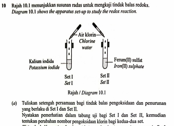 Rajah 10.1 menunjukkan susunan radas untuk mengkaji tindak balas redoks. 
Diagram 10.1 shows the apparatus set-up to study the redox reaction. 
(a) Tuliskan setengah persamaan bagi tindak balas pengoksidaan dan penurunan 
yang berlaku di Set I dan Set II. 
Nyatakan pemerhatian dalam tabung uji bagi Set I dan Set II, kemudian 
tentukan perubahan nombor pengoksidaan klorin bagi kedua-dua set.