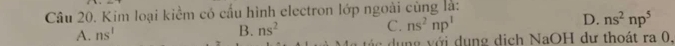 Kim loại kiểm có cấu hình electron lớp ngoài cùng là:
A. ns^1 B. ns^2 C. ns^2np^1 D. ns^2np^5
l c ng v ới d u ng dịch NaOH dư thoát ra 0.