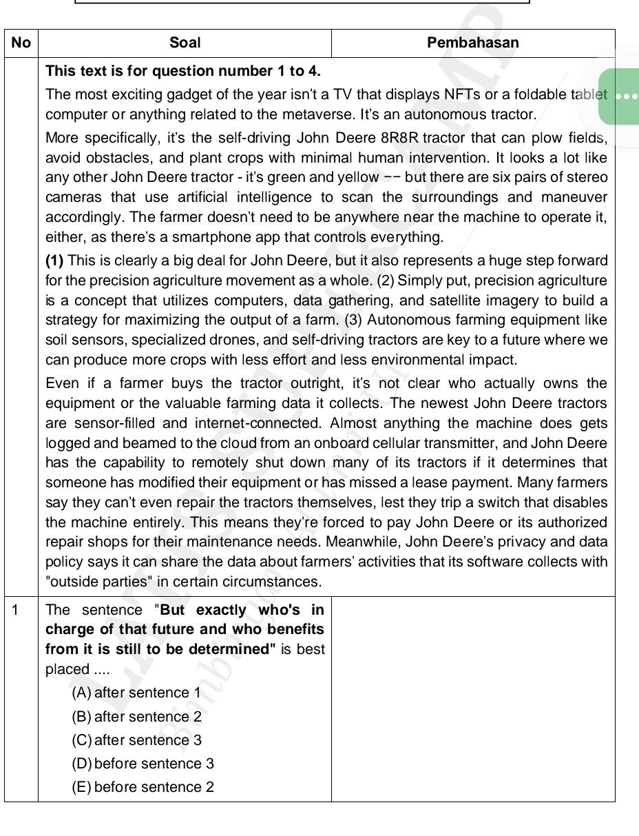 No Soal Pembahasan
This text is for question number 1 to 4.
The most exciting gadget of the year isn't a TV that displays NFTs or a foldable tablet b  
computer or anything related to the metaverse. It's an autonomous tractor.
More specifically, it's the self-driving John Deere 8R8R tractor that can plow fields,
avoid obstacles, and plant crops with minimal human intervention. It looks a lot like
any other John Deere tractor - it's green and yellow −- but there are six pairs of stereo
cameras that use artificial intelligence to scan the surroundings and maneuver
accordingly. The farmer doesn't need to be anywhere near the machine to operate it,
either, as there's a smartphone app that controls everything.
(1) This is clearly a big deal for John Deere, but it also represents a huge step forward
for the precision agriculture movement as a whole. (2) Simply put, precision agriculture
is a concept that utilizes computers, data gathering, and satellite imagery to build a
strategy for maximizing the output of a farm. (3) Autonomous farming equipment like
soil sensors, specialized drones, and self-driving tractors are key to a future where we
can produce more crops with less effort and less environmental impact.
Even if a farmer buys the tractor outright, it's not clear who actually owns the
equipment or the valuable farming data it collects. The newest John Deere tractors
are sensor-filled and internet-connected. Almost anything the machine does gets
logged and beamed to the cloud from an onboard cellular transmitter, and John Deere
has the capability to remotely shut down many of its tractors if it determines that
someone has modified their equipment or has missed a lease payment. Many farmers
say they can't even repair the tractors themselves, lest they trip a switch that disables
the machine entirely. This means they're forced to pay John Deere or its authorized
repair shops for their maintenance needs. Meanwhile, John Deere's privacy and data
policy says it can share the data about farmers' activities that its software collects with
"outside parties" in certain circumstances.
1 The sentence "But exactly who's in
charge of that future and who benefits
from it is still to be determined" is best
placed ....
(A) after sentence 1
(B) after sentence 2
(C) after sentence 3
(D)before sentence 3
(E) before sentence 2