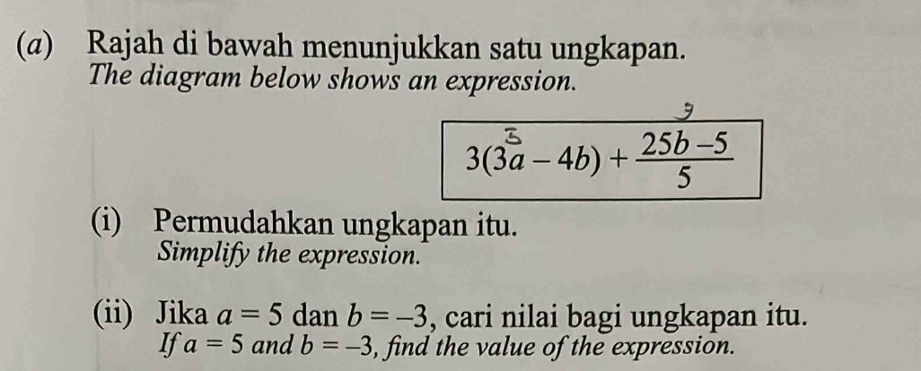 (α) Rajah di bawah menunjukkan satu ungkapan. 
The diagram below shows an expression.
3(3a − 4b) + 25k−5
(i) Permudahkan ungkapan itu. 
Simplify the expression. 
(ii) Jika a=5 dan b=-3 , cari nilai bagi ungkapan itu. 
If a=5 and b=-3 , find the value of the expression.