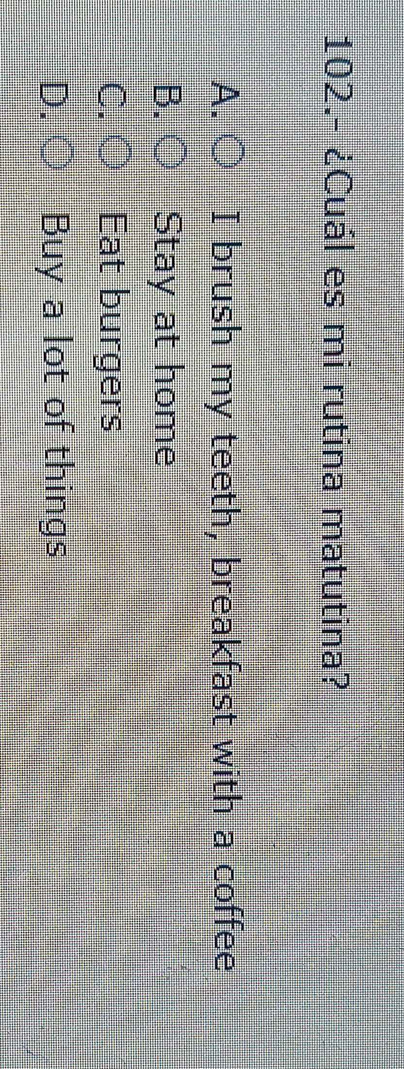 102.- ¿Cuál es mi rutina matutina?
A.
I brush my teeth, breakfast with a coffee
B. Stay at home
Eat burgers
Buy a lot of things